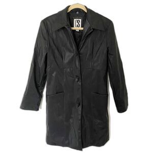 VTG Y2K CS Signature Black Faux Leather Long Club Goth Pleather Matrix Jacket S